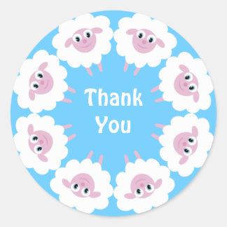 Sticker Rond Mignonette Carton Marron Mouton Bleu Merci personn