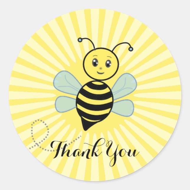 Sticker Rond Mignonne abeille heureuse et rayons de soleil Merc (Devant)