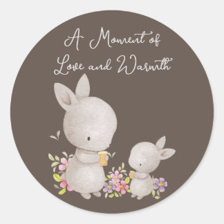 Sticker Rond Mignonne Aquarelle Maman et Bébé lapins