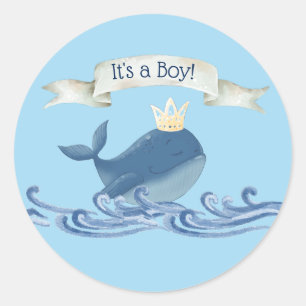Sticker Rond Mignonne baleine avec Prince Crown Thème nautique