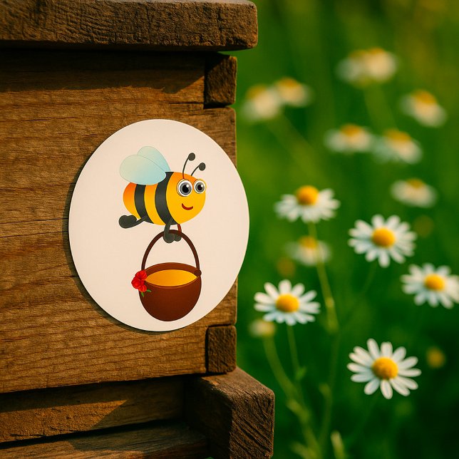 Sticker Rond Mignonne Bee transportant un pot de miel avec fleu (Créateur téléchargé)