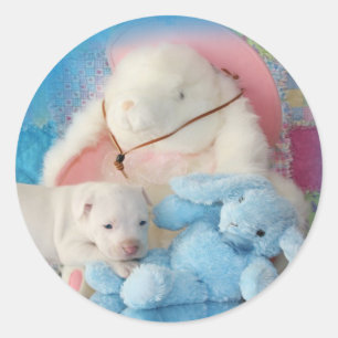 Sticker Rond Mignonne Blanc Chien Chien et Amis Bunny de Pâques