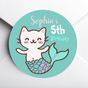 Sticker Rond Mignonne Chat Sirène Meowmaid Purrmaid Fille Anniv