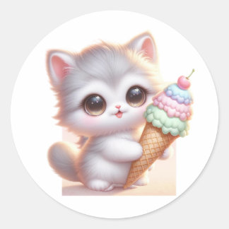 Sticker Rond mignonne chaton avec cône de crème glacée