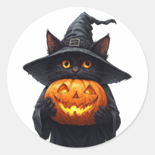 Sticker Rond Mignonne chatte sorcière noire tenant une citrouil