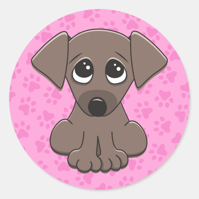 Sticker Rond Mignonne, chien de chiot brun sur empreinte de pat (Devant)