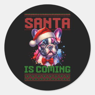 Sticker Rond Mignonne Chien de taureau Français Santa Hat Vacan