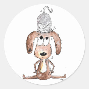 Sticker Rond Mignonne chien Whimsical avec chat sur sa tête
