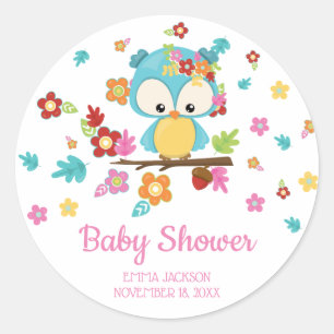 Sticker Rond Mignonne chouette de la forêt et fleurs pour bébé