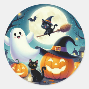 Sticker Rond Mignonne, citrouille d'Halloween, chat & fantôme
