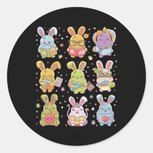 Sticker Rond Mignonne Enseignant Lapin Lapin Lecture Bunnies Pâ
