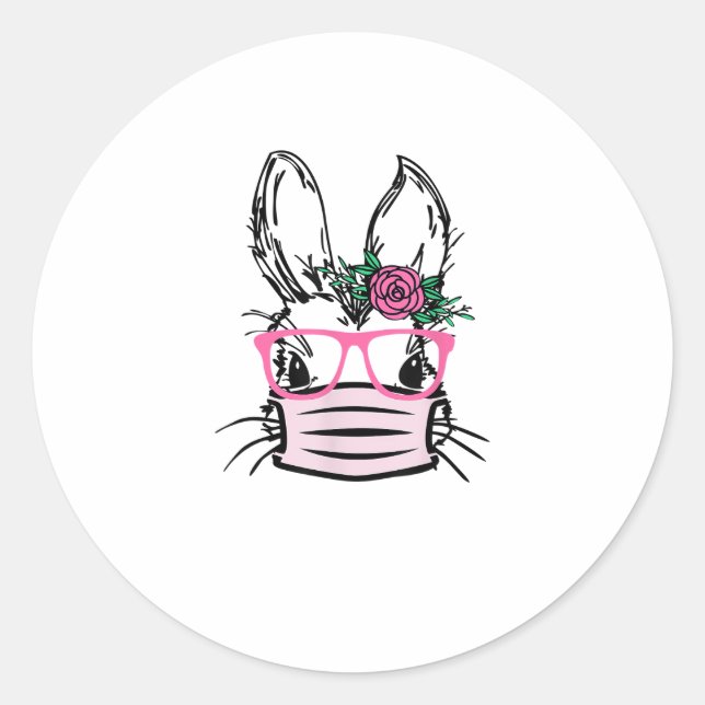 Sticker Rond Mignonne face lapin avec lunettes Masque Visage Ra (Devant)