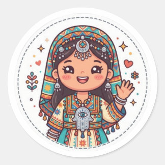 Sticker Rond Mignonne femme marocaine amazighe Kawaii avec auto