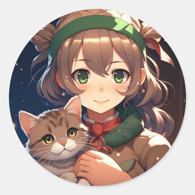 Sticker Rond Mignonne fille Anime tenant un Kitten Noël (Devant)