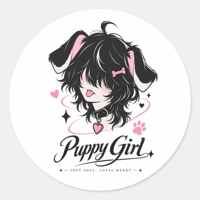 Sticker Rond Mignonne Fille Chienne Anime Âme Douce  (Devant)