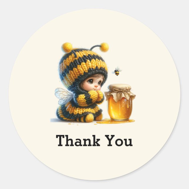 Sticker Rond Mignonne fille en costume d'abeille avec Merci de  (Devant)