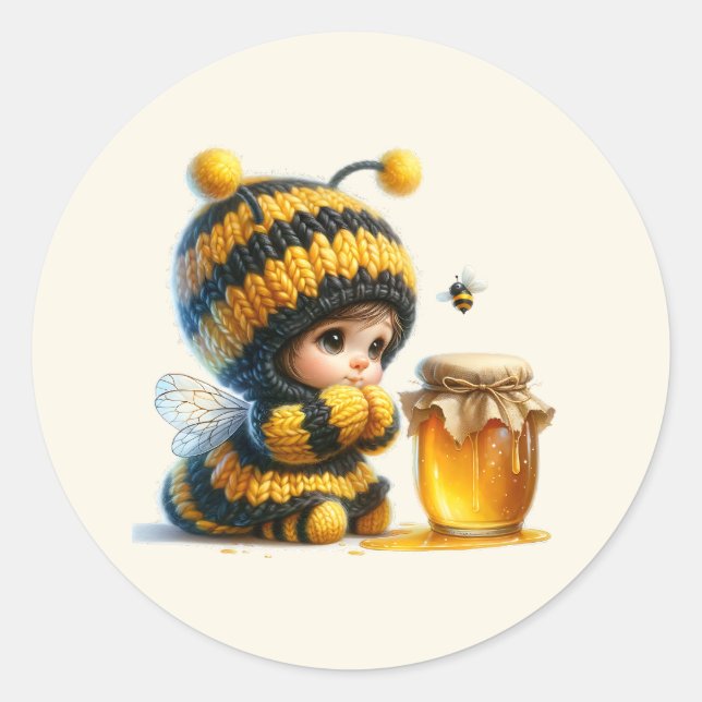 Sticker Rond Mignonne fille en costume d'abeille avec miel (Devant)