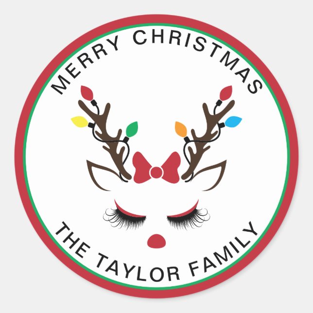 Sticker Rond Mignonne fille Reindeer de Noël Rouge Visage du ne (Devant)