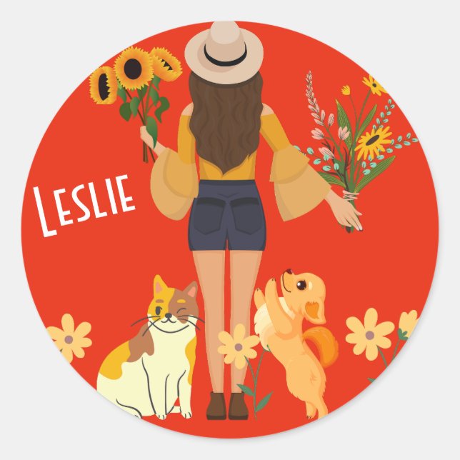 Sticker Rond Mignonne fille tenant des tournesols Chat & Chien (Devant)