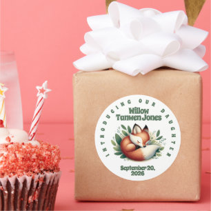 Sticker Rond Mignonne Fox dormir en Baby shower Feuille