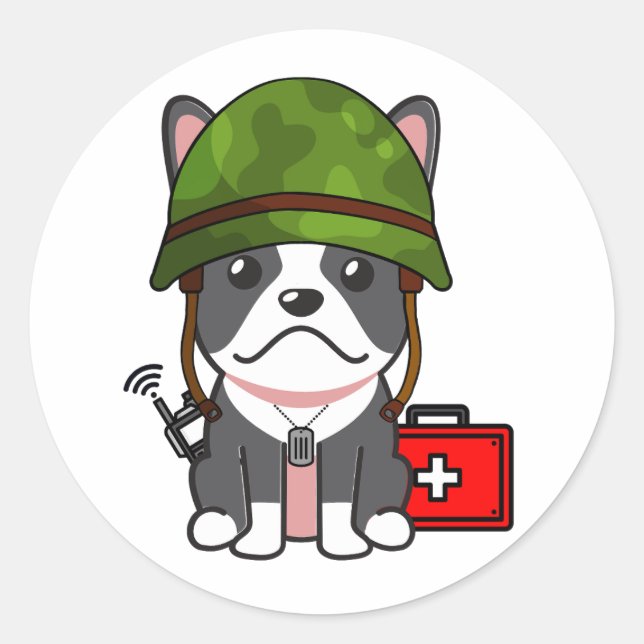 Sticker Rond Mignonne French BullDog portant un casque d'armée (Devant)