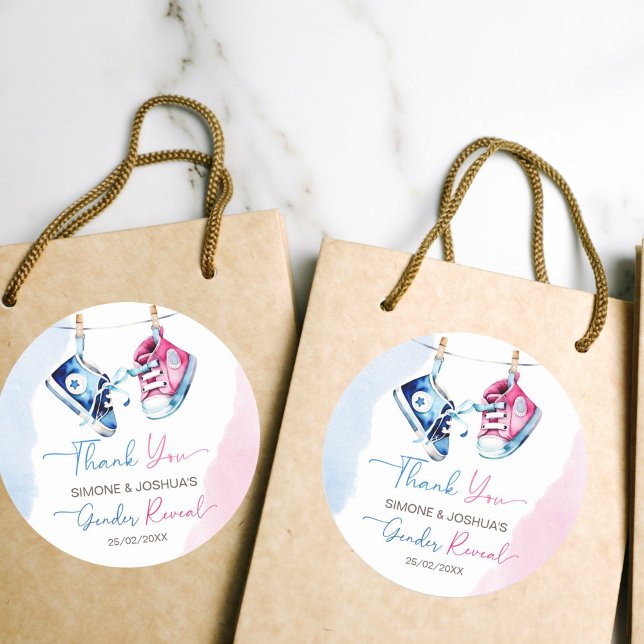 Sticker Rond Mignonne garçon ou fille rose bleu sexe révéler la (Cute boy or girl pink blue gender reveal favor thank you stickers boy or girl party stickers)