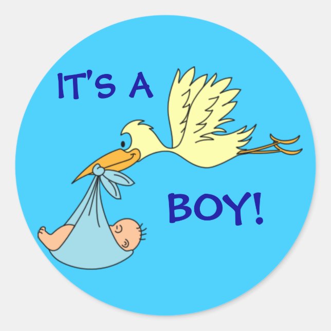 Sticker Rond Mignonne ITS UN GARÇON Nouveau-né Bébé Stork Bleu (Devant)