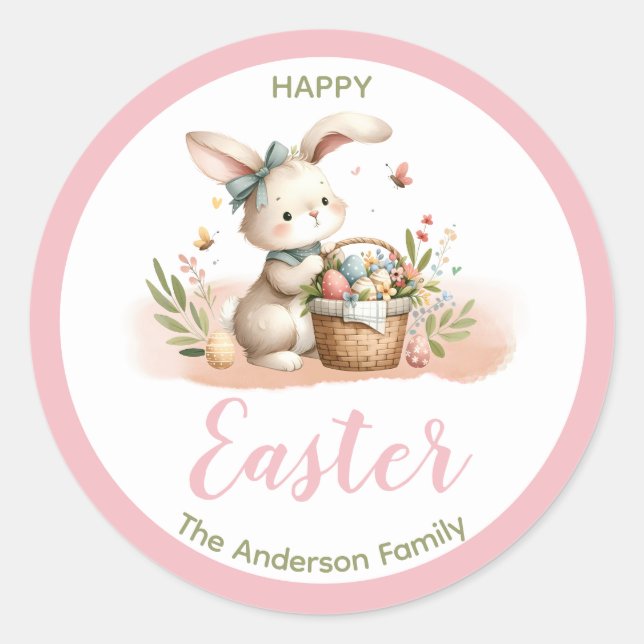 Sticker Rond Mignonne lapin|Coton Candy Pink|Joyeux Pâques (Devant)