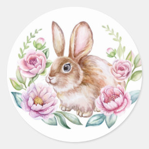 Sticker Rond Mignonne lapin couleur Watecolor et Fleurs roses