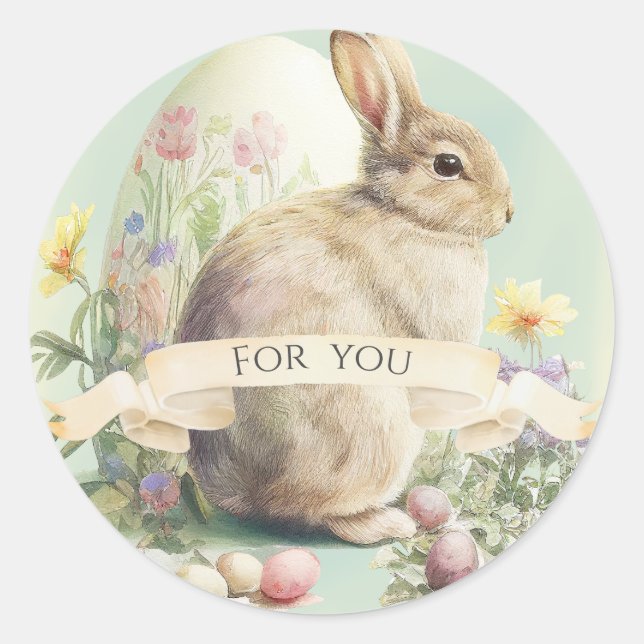 Sticker Rond Mignonne lapin de Pâques avec fleurs et oeuf (Devant)