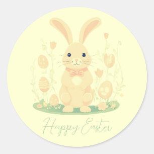 Sticker Rond Mignonne Lapin De Pâques Avec Oeufs Jaune De L'Éch