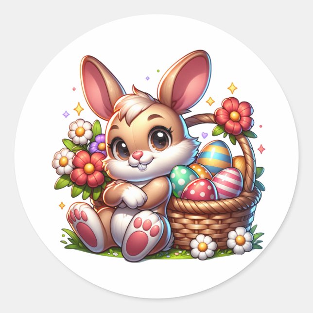 Sticker Rond Mignonne lapin de Pâques Whimsical avec panier (Devant)