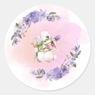 Sticker Rond Mignonne lapin et fleurs