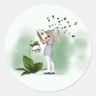 Sticker Rond Mignonne lecture whimsical papillon fille