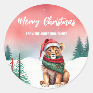 Sticker Rond Mignonne lion safari sauvage Père Noël Noël