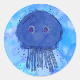 Sticker Rond Mignonne méduse Cartoon En Aquarelle Bleue Océan