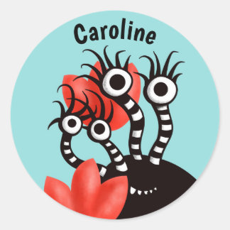 Sticker Rond Mignonne Monstre Avec Quatre Yeux Tulipes Abstrait