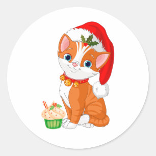 Sticker Rond Mignonne Noël Orange Kitten, Chat
