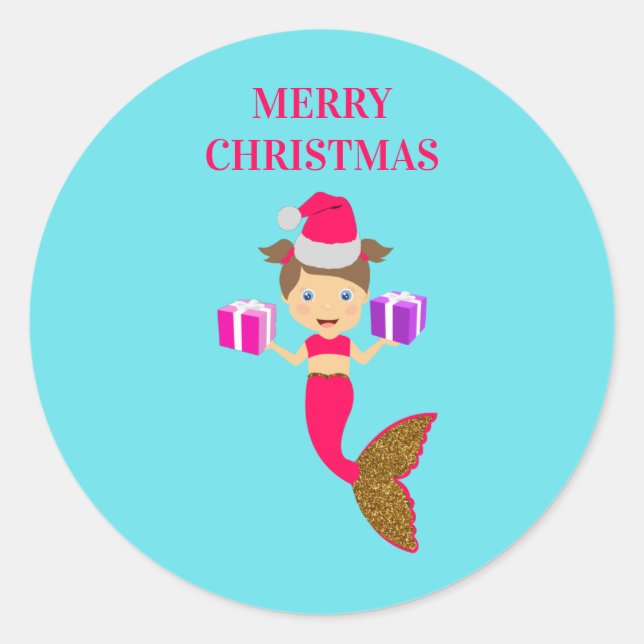 Sticker Rond Mignonne Noël Sirène fille Santa Chapeau en mer (Devant)