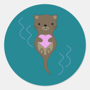 Sticker Rond Mignonne Otter embrasse un coeur rose