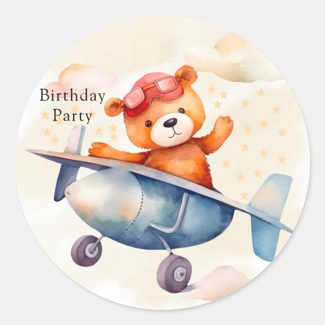 Sticker Rond Mignonne Ours Teddy Avec Son Avion Fête Anniversai (Devant)
