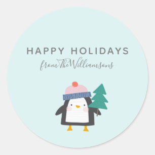 Sticker Rond Mignonne Penguin de Noël Monnaie Turquoise personn