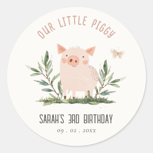 Sticker Rond Mignonne petit porc de ferme Anniversaire de enfan (Devant)