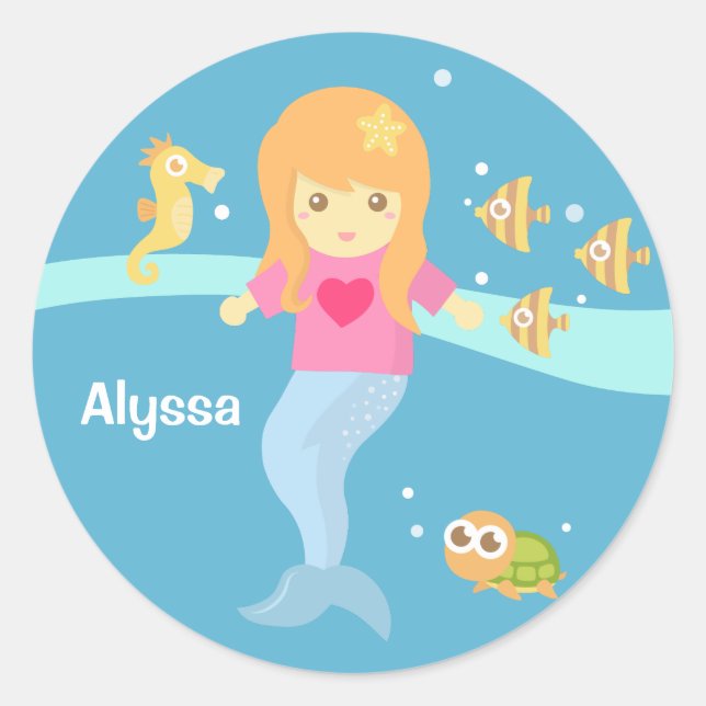 Sticker Rond Mignonne petite fille de sirène sous la mer (Devant)
