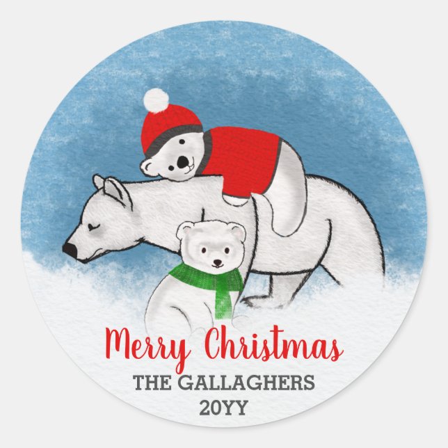Sticker Rond Mignonne Polar Oear Maman Avec Cubs Joyeux Noël (Devant)