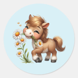 Sticker Rond Mignonne Pony Mange Manger Des Marguerites