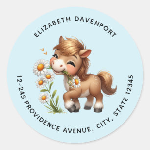 Sticker Rond Mignonne Pony Manger Daisées Adresse