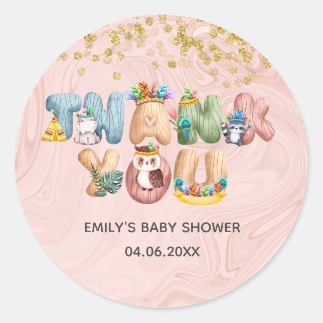 Sticker Rond Mignonne Rose  Baby shower en marbre or Merci anim (Devant)