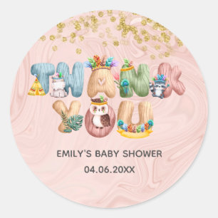 Sticker Rond Mignonne Rose  Baby shower en marbre or Merci anim