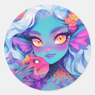 Sticker Rond Mignonne sirène à la gorge Anime Girl and Pet Fish